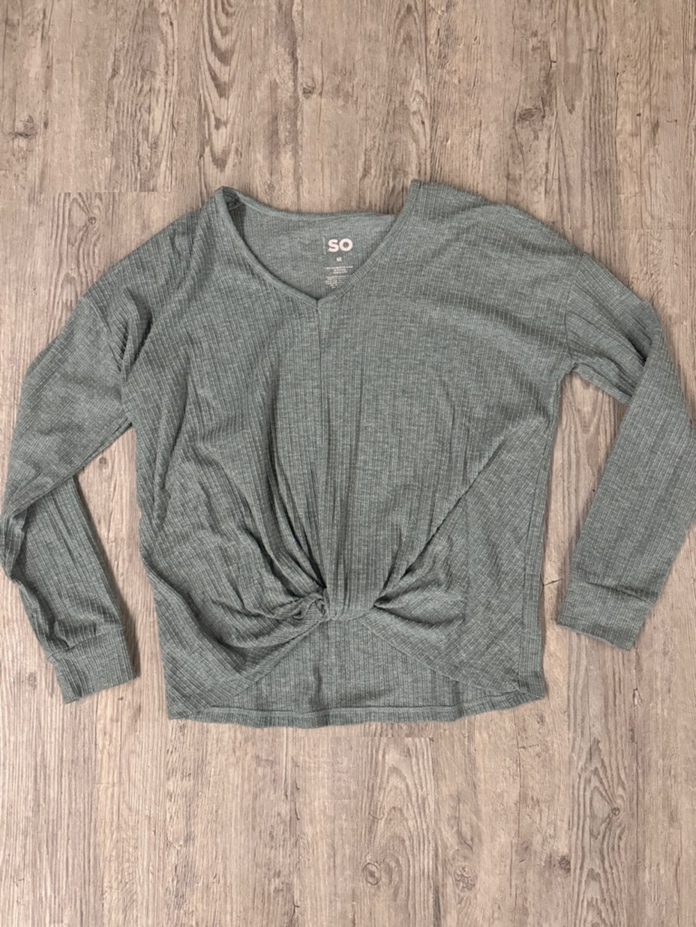 SO Women's Sage Green Ribbed Knot-Front Long Sleeve Top